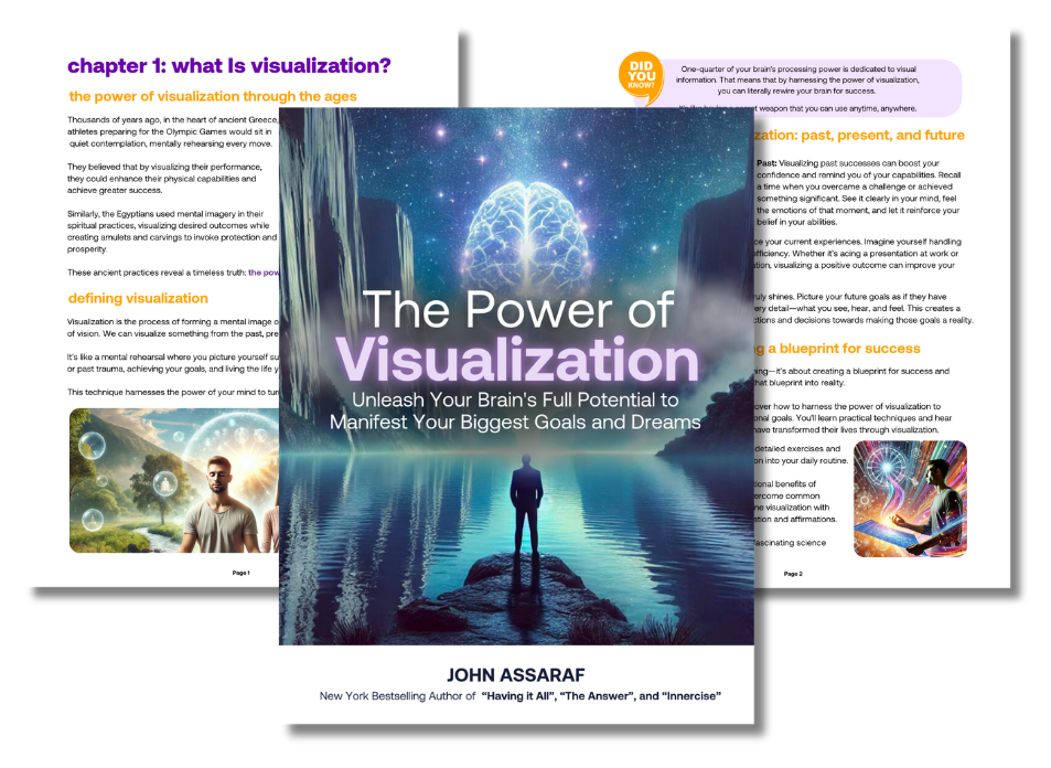 The Power of Visualization, Free ebook by John Assaraf showing cover and interior pages